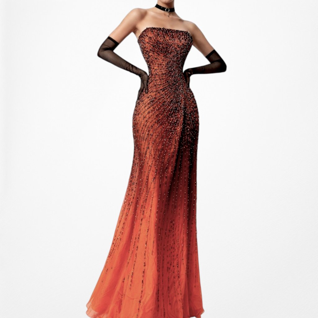 Vintage Orange Silk Strapless Beaded Ombre Fit Flared Maxi Prom Dress Size S